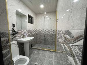 a bathroom with a shower and a toilet and a sink at Guest House Tsiskari in Vardzia