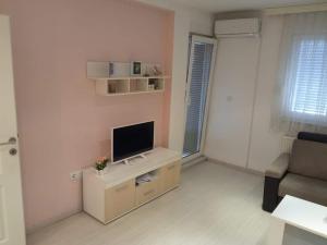 una sala de estar con TV de pantalla plana en un armario en Apartman Best, en Doboj