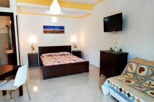 una camera con letto, scrivania e TV di Amalfi Coast Countryside with Jacuzzi and Garden a Polvica