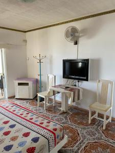ein Wohnzimmer mit einem TV, einem Tisch und Stühlen in der Unterkunft Apartments la Colombe in Mont Choisy