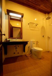 a bathroom with a toilet and a sink and a mirror at Treasure Hotel Laos in Luang Prabang