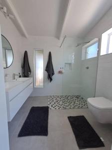 a bathroom with a toilet and a sink and a shower at Die Boomhuis. Pearly Beach in Pearly Beach +15 photos