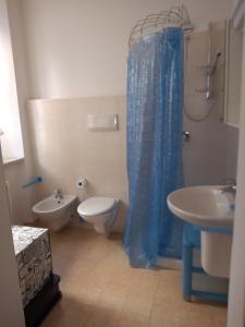 uma casa de banho com uma cortina de chuveiro azul e um WC e lavatório. em ai18diamanti apartments em Saludecio