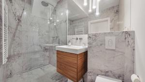 La salle de bains est pourvue d'un lavabo et d'une douche. dans l'établissement Apartamenty Sun & Snow Plażowa Park, à Międzywodzie