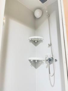 a shower in a bathroom with a glass wall at 302东京中心全新装修宽敞明亮的公寓 3分钟步行路程到门前仲町站 两条地铁线直达东京上野新宿 in Tokyo