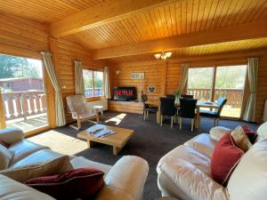 a living room with couches and a table and a fireplace at Beautiful Norwegian Lodge in Kippford with Garden Pass the Keys in Dalbeattie