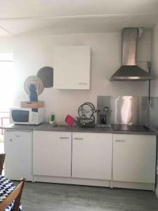 貝爾凱爾的住宿－Charmant T2 indépendant，厨房配有白色橱柜和炉灶。