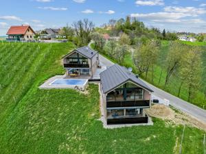 una vista aérea de una casa con piscina en Luxus Chalet Max, en Glanz an der Weinstraße