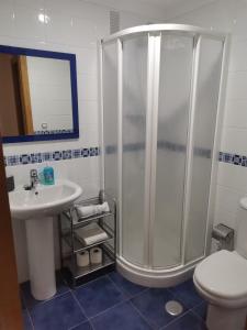 a bathroom with a shower and a sink and a toilet at Apartamento Llanes Mar y Monte in Llanes