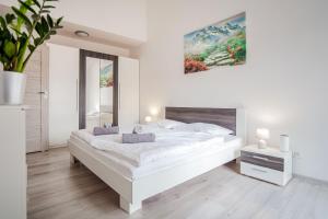 een witte slaapkamer met een groot bed en een schilderij aan de muur bij Apartamenty DM in Kłodzko