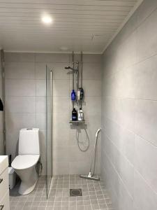 a bathroom with a shower and a toilet in it at Moderni yksiö huippu sijainnilla in Jyväskylä