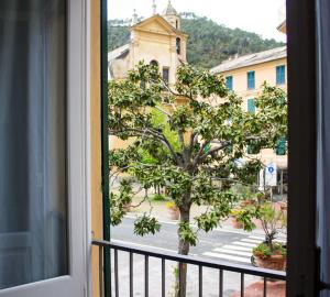 a window with a view of a tree and a building at YOLO Rooms in Bonassola