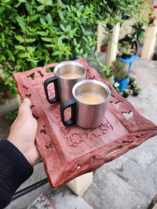 Katyuri Kings Divine Homestay- Babaji's cave في Dwārāhāt: شخص يحمل كوبين من القهوة على صينية خشبية