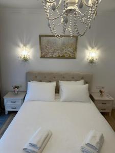 ein Schlafzimmer mit einem großen weißen Bett mit zwei Kissen in der Unterkunft BIRUTE AVENUE 2 BEDROOMS in Palanga