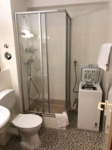 uma casa de banho com um chuveiro, um WC e um lavatório. em charmantes 1Zi Apartment im Herzen von Braunschweig mit Balkon em Braunschweig