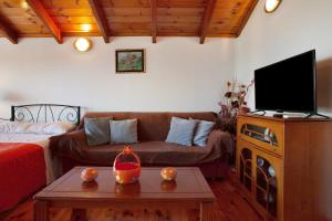 a living room with a couch and a flat screen tv at Zante View Apartment in Plános