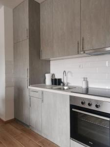 a kitchen with a sink and a stove at Downtown apartment in Subotica