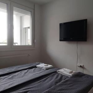 a bedroom with a bed with a flat screen tv on the wall at Downtown apartment in Subotica +8 photos