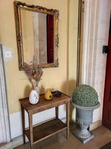a table with a mirror and a vase on it at L'Antre des Papes in Avignon