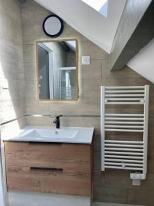 La salle de bains est pourvue d'un lavabo et d'un miroir. dans l'établissement La Bohème, à Challuy