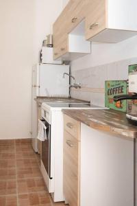 Kolibri Central Apartment في بودابست: مطبخ مع موقد وثلاجة بيضاء