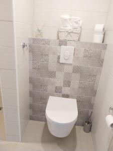 a bathroom with a white toilet and some towels at Aisa Apartment in Pärnu