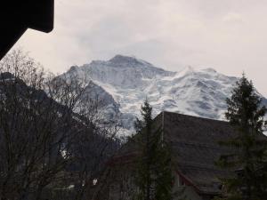a snow covered mountain in the distance with a building at Apartment Im Gruebi Apt-5 by Interhome in Wengen