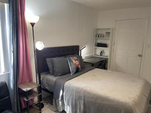 Dormitorio pequeño con cama y lámpara en Best Value inside City Miami, Near Airport, Beach, Center & Metro en Miami