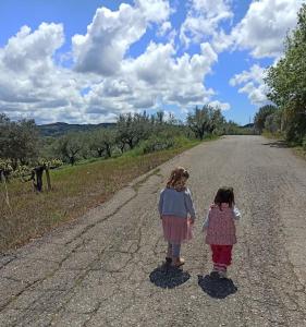 Zwei kleine Mädchen, die auf einer unbefestigten Straße spazieren in der Unterkunft Cottage in Greek nature in Pýrgos