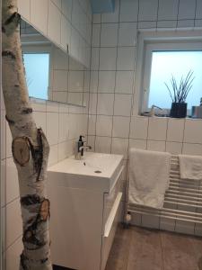 une salle de bain avec un lavabo et un arbre dedans dans l'établissement Zen Apartment - spacious - garden - kitchen, à Karlsruhe