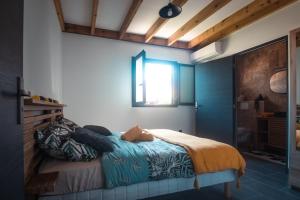 - une chambre avec un lit aux murs bleus et une fenêtre dans l'établissement Villa Loïsao, à Saint-Pierre