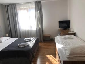 a hotel room with two beds and a television at Pensiunea Armonia in Nădăşelu