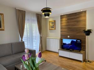 een woonkamer met een bank en een flatscreen-tv bij Miris tisine in Zlatibor