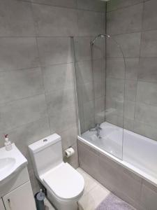 a bathroom with a toilet and a shower and a sink at Home Away Barking in Barking