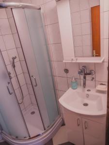 La salle de bains est pourvue d'une douche et d'un lavabo. dans l'établissement Venera Apartments, à Budva