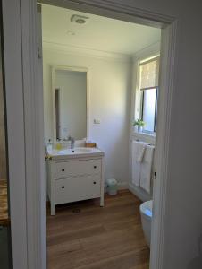 a bathroom with a sink and a toilet and a mirror at Twodogfolly at Creeklands in Armidale