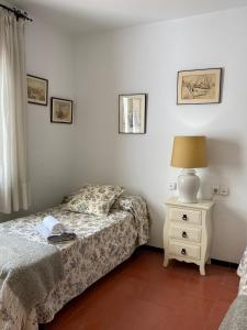 タマリウにあるLa mejor terraza de Tamariuのベッドルーム1室(ベッド1台、ナイトスタンドのランプ付)