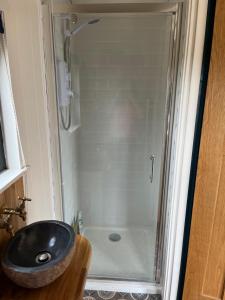 a bathroom with a sink and a shower at Redfox Shepherds hut and private hot tub in Ballynameen