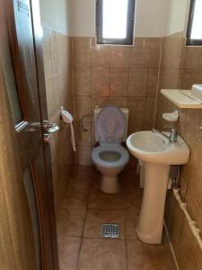 a small bathroom with a toilet and a sink at Grădina Familia AMURTEL in Buzău