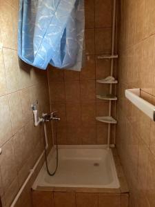 a shower with a hose in a bathroom with a sink at Grădina Familia AMURTEL in Buzău