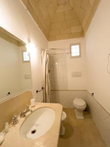 La salle de bains est pourvue d'un lavabo, d'une douche et de toilettes. dans l'établissement Masseria Piccole Taverne, à Ostuni