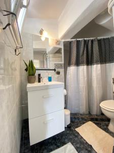Private Apt. Acropolis View. Top Floor. Koukaki في أثينا: حمام مع حوض أبيض ومرحاض