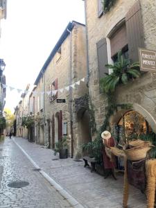 an alley with a building and a street with plants at Atypical Town House in Uzès. in Uzès