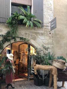 a woman walking past a store with plants in it at Atypical Town House in Uzès. in Uzès