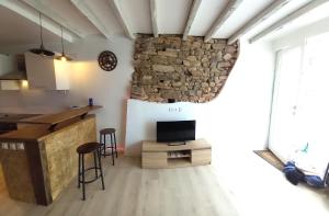 eine Küche mit einer Theke und einen TV in einem Zimmer in der Unterkunft EssenCiel du lac III in Éguzon-Chantôme