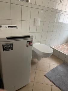 a bathroom with a toilet and a small refrigerator at Griechischer Palast in Rabenau