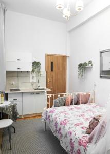 克拉科夫的住宿－Miodowa Kazimierz Apartment，一间厨房和一间带一张床的卧室