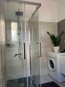 a bathroom with a shower and a washing machine at Sissi Olive home in Sissi