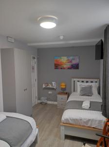 ein Schlafzimmer mit 2 Betten und einem Schreibtisch. in der Unterkunft Kingdom Lodge in Killarney