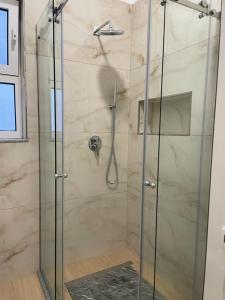 ein Bad mit einer Dusche und einer Glastür in der Unterkunft City Center Apartment Kafe Flora in Tirana
